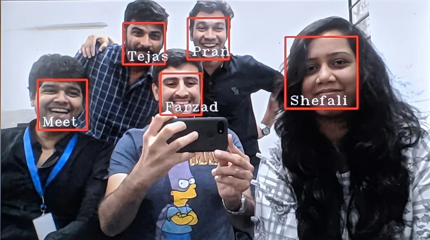 The system running on a group photo: each face boxed in red, with the name it recognised